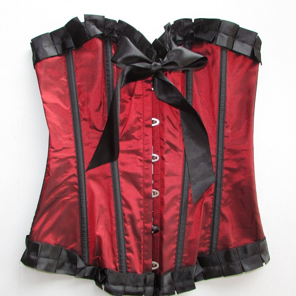Deep Red Taffeta Ruffled Corset Set - Small - NEW - Picture 3 of 7